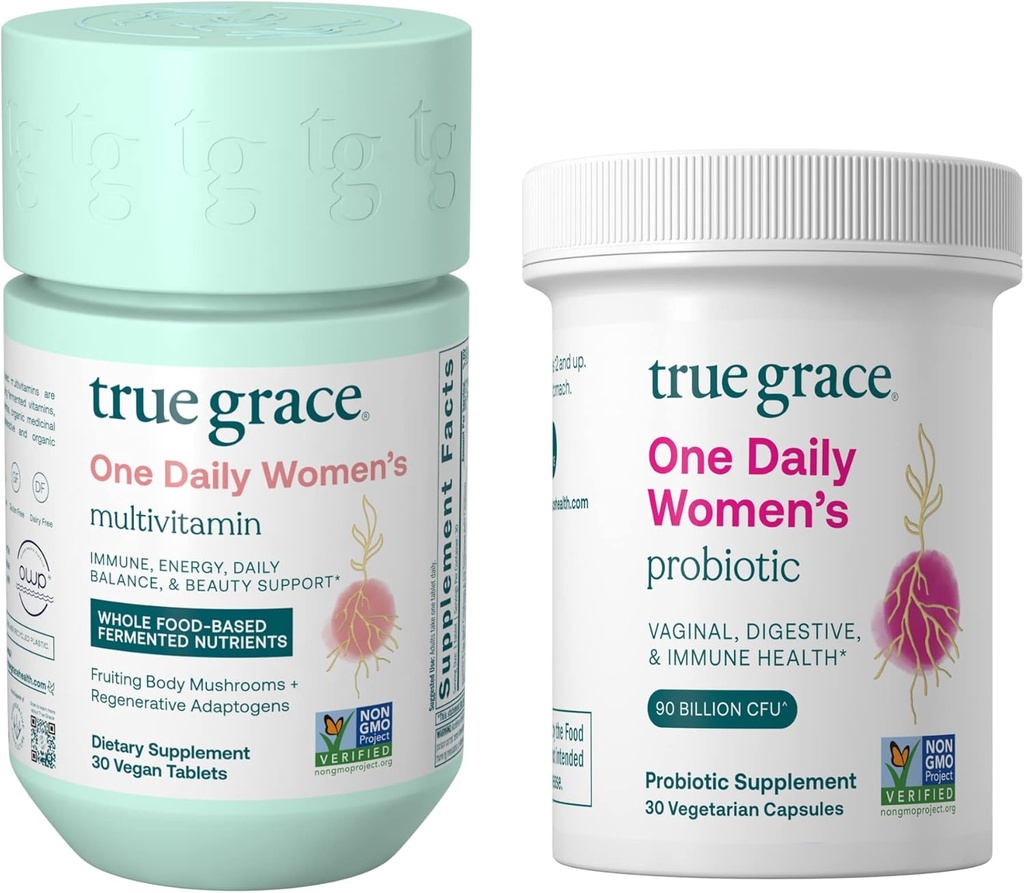 True Grace One Daily Women’s Multivitamin (30 Vegan Tablets) " One Daily Women’s Probiotic (30 Vegetarian Capsules) - Gluten Free, Soy Free, Organic - 30-Day Supply of each