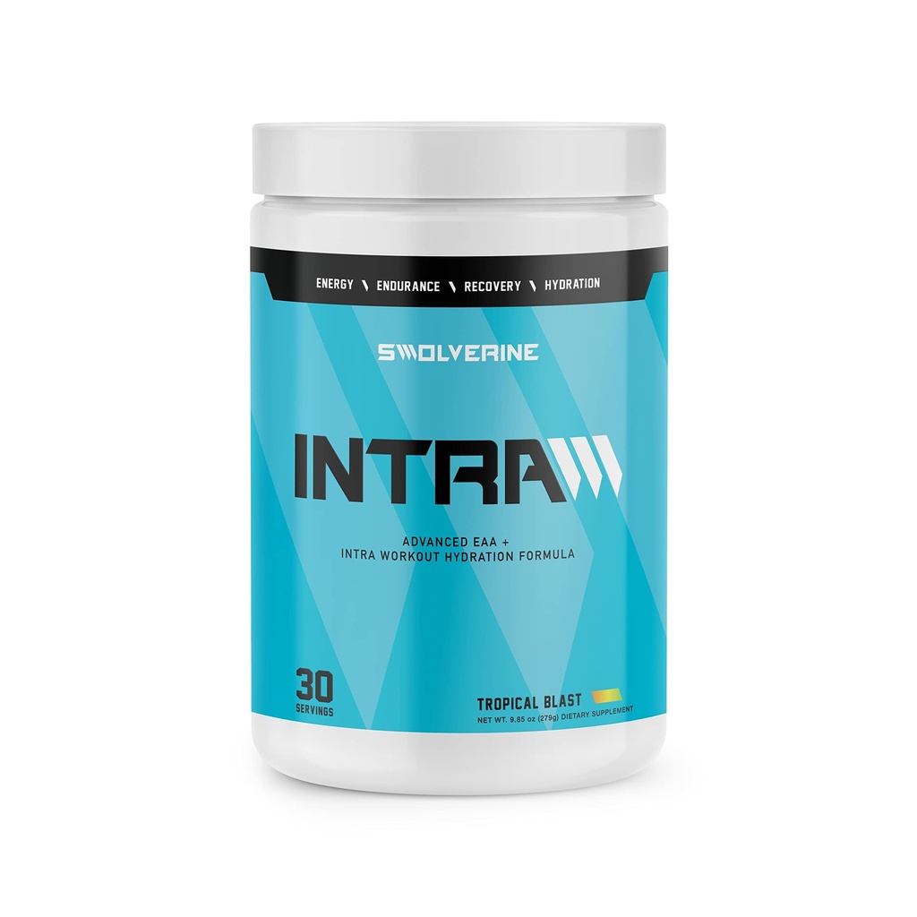 Swolverine Intra ← Aminoácidos Esenciales, Electrolitos, Agua de coco, granada, cereza de tarta, espirulina, Vegan, No GMO, Gluten Free (30 Servings, Tropical Blast)