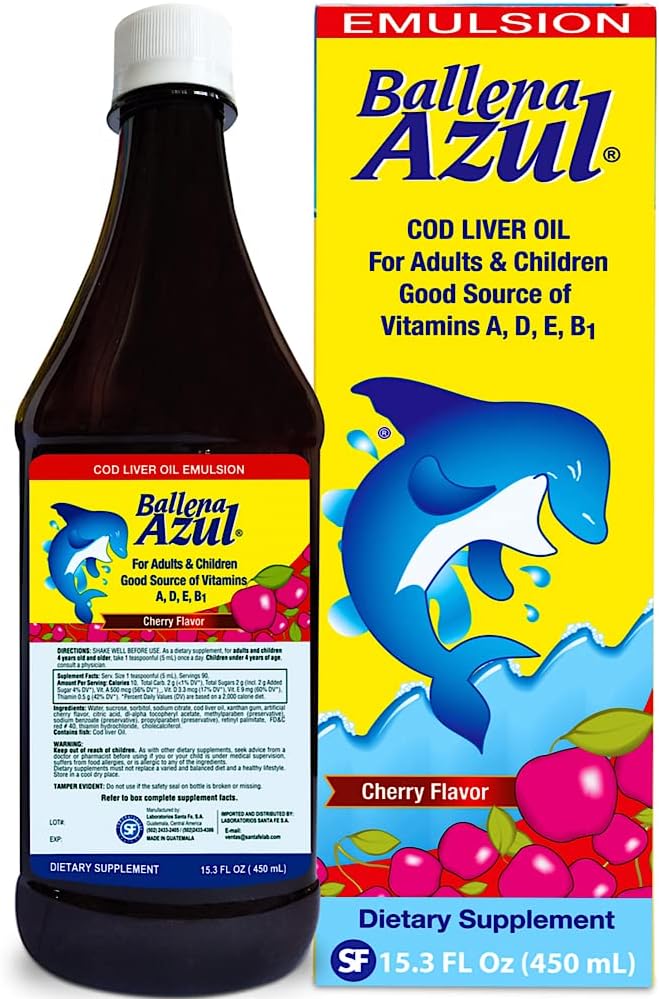 [BRSRMEIYCRYB6ETL] Ballena Azul Aceite de Hígado de Bacalao para Adultos y Niños, COD Liver Oil for Adults and Children,Vitamins A,D,E, B1, Dietary Supplement, Omega 3, Inmune System Boost, Cherry (Cherry 15 OZ)