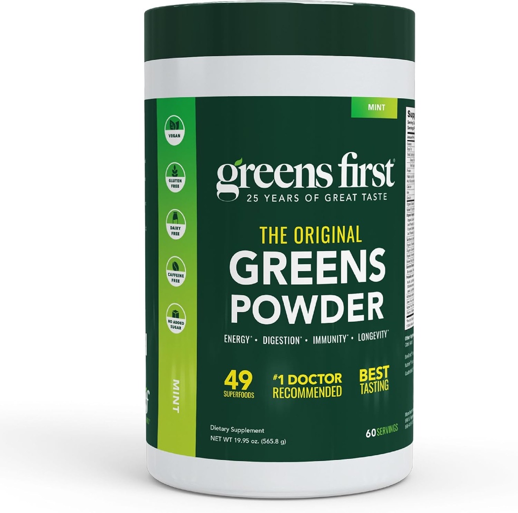 Greens First Original Greens Powder - 49 Superfoods - Frutas Ecológicas " Veggies - Prebióticos, Probióticos " Enzimas Digestivas - Antioxidante Smoothie - Dairy Free, Vegan " Non-GMO (Mint, 60 Servings)