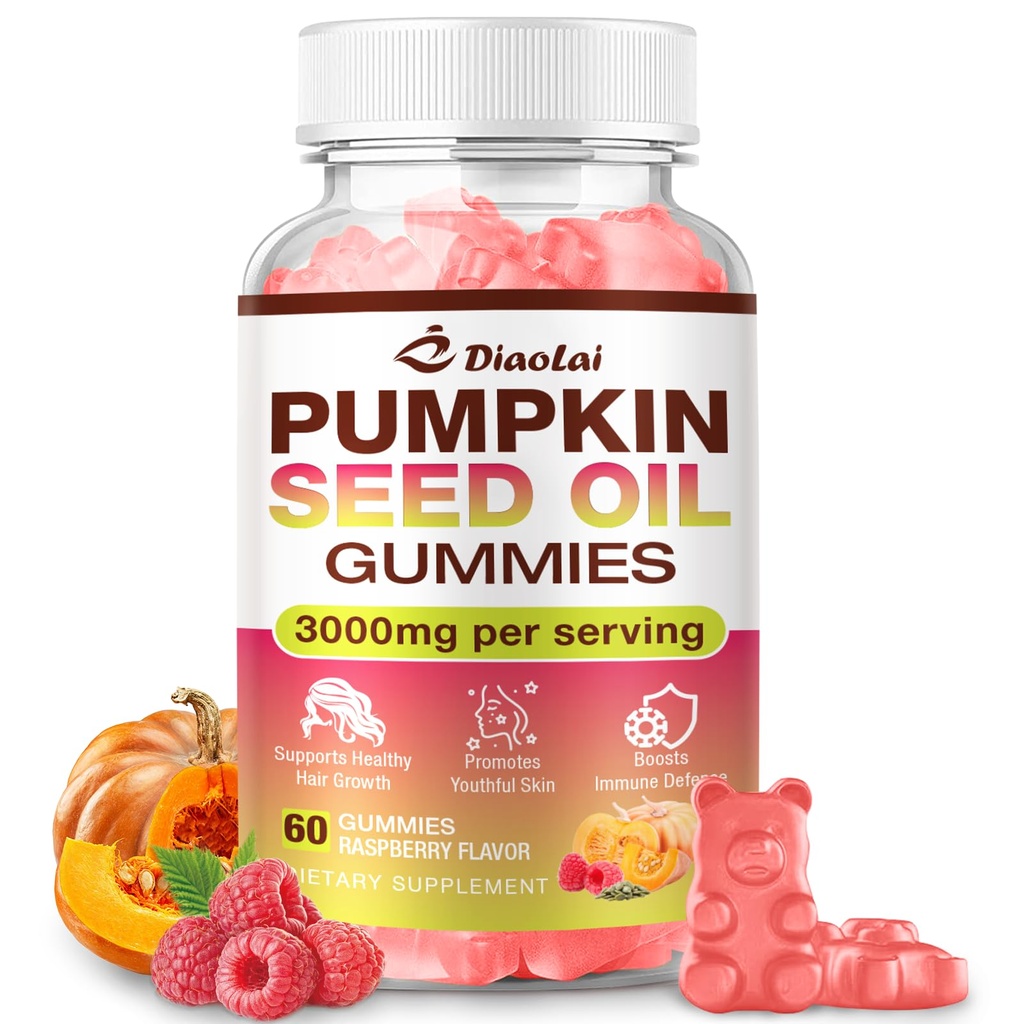 Sugar-Free Pumpkin Seed Oil Gummies with Saw Palmetto for Hair Growth - Organic Supplement for Skin Health & Prostate Support - High-Purity Extract for Women & Men, Raspberry Flavor, 60 Count