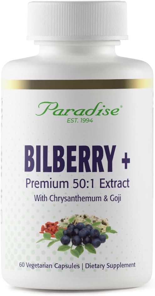 Herbs Paradisiaco Bilberry con Goji " Chrysanthemum Suplementos, Super Potent, Ultra Puro, No GMO, Gluten Free, Vegan, 60 cápsulas vegetarianas