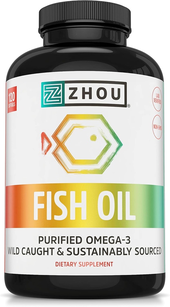 Zhou Fish Oil - Suplemento de aceite de pescado para Hombres, Omega 3 Fatty Acid, Fuente natural de DHA & EPA para Adultos, Burpless, Pura, Corazón & Salud Conjunta - 120 Softgels