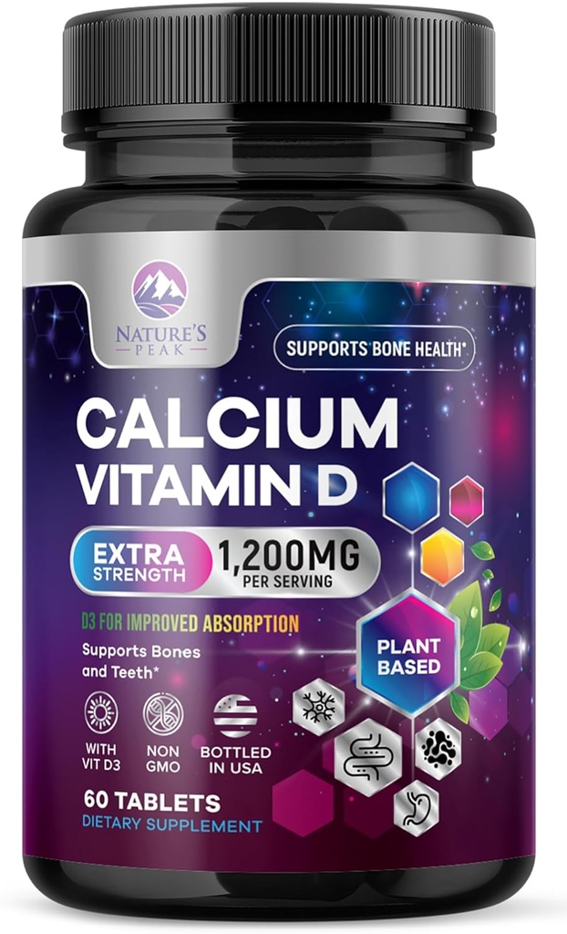 Calcio 1200 mg con Vitamina D3, Suplemento Calcio Vitaminas, Hueso, Dientes & Apoyo Sanitario Inmunitario, Suplementos de Calcio con D para Hombres, Carbonato de Calcio Absorbable de la Naturaleza - 60 Tabletas