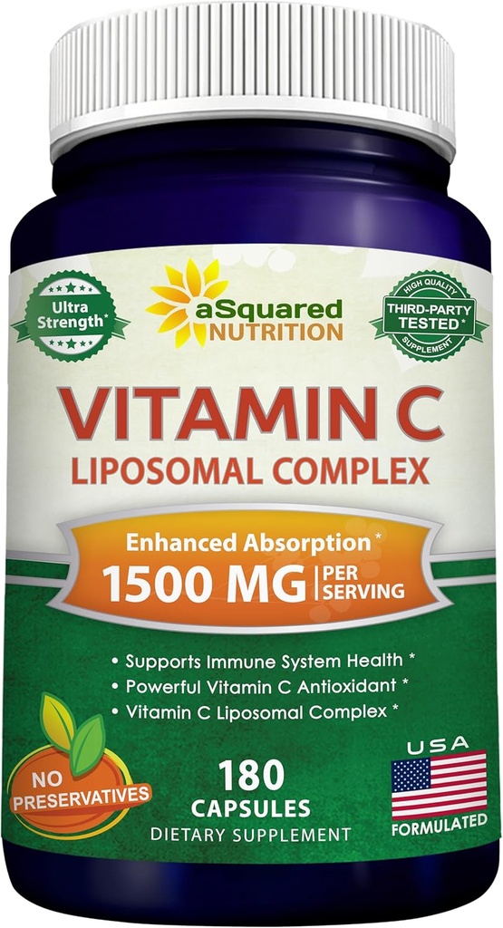 ASquared Nutrition Vitamin C Liposomal Complex - 1500mg Suplemento - 180 cápsulas - alta absorción VIT C Ascorbic Píldoras de ácido - Soporta el sistema inmunitario & Collagen Health - 90 Servimientos