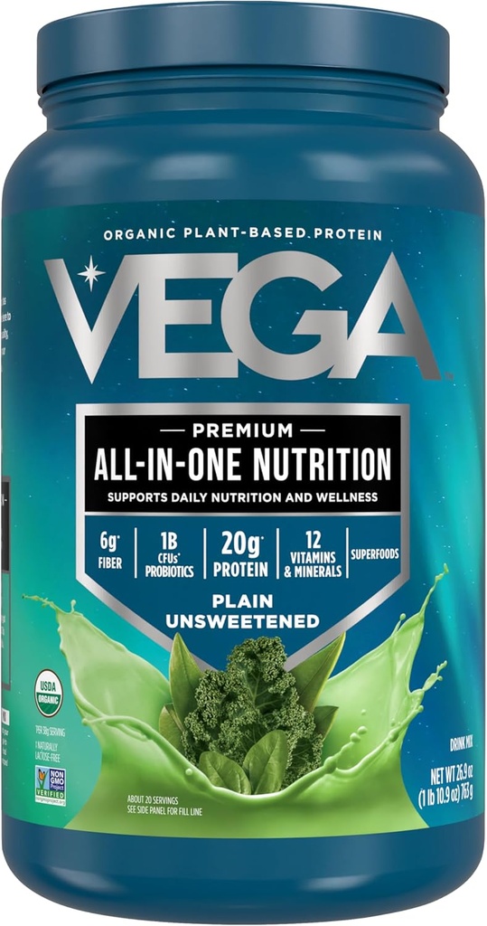 Vega All in One Nutrition Organic - 20g Plant-Based Pea Protein, Unsweetened, 20 Servings, Vitaminas A & C, Probiotics, Greens, Vegan, Keto, Gluten Free, 26.9oz (Paquete mayo Vary)