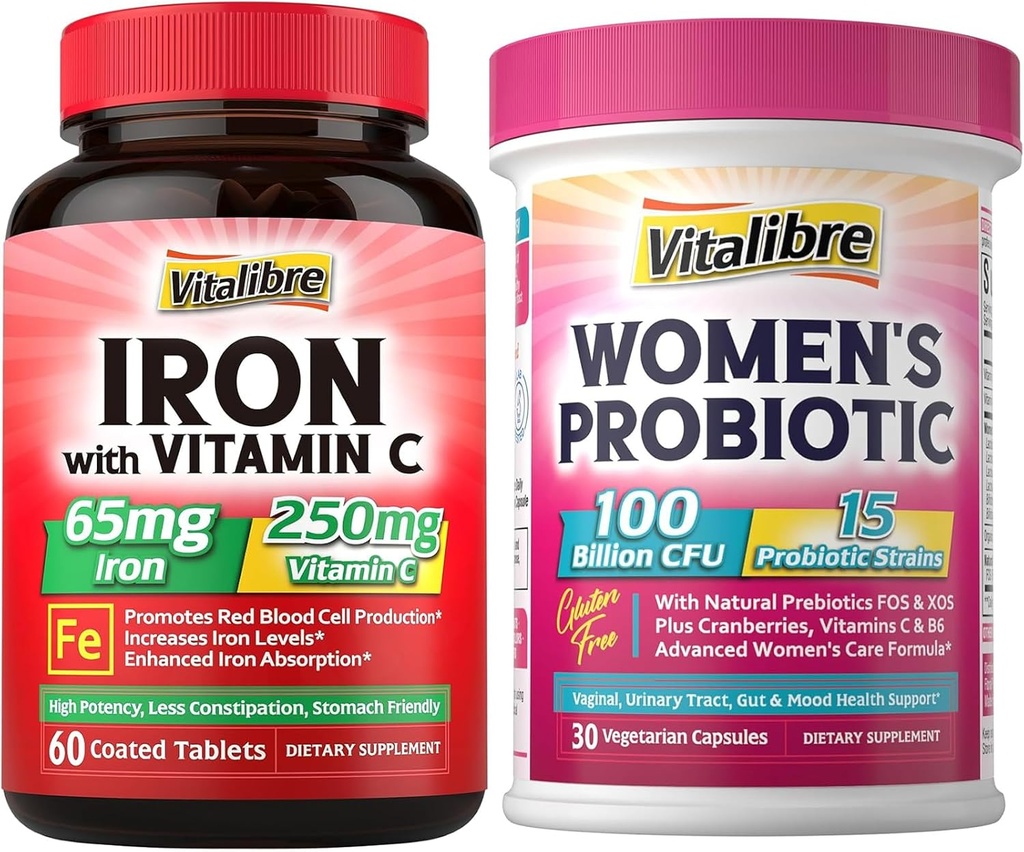 Suplemento Complejo de Magnesio 6 en 1+ Probióticos de Mujeres 100 Billones CFU + Suplemento de Hierro, 65 mg Hierro de Carbonilo con 250 mg Vitamina C