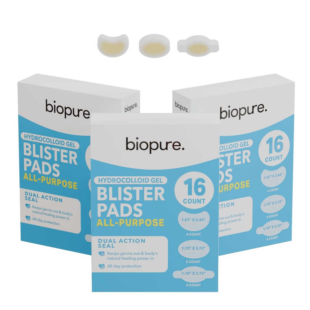 Biopure Hydrocolloid Gel Blister Bandages Pads – Waterproof, Ultra-Thin, All-Day Protection – Dual Action Seal Keeps Germs Out – Blister Bandage for Toes, Heels & Feet (Pack of 3, 48, Count)