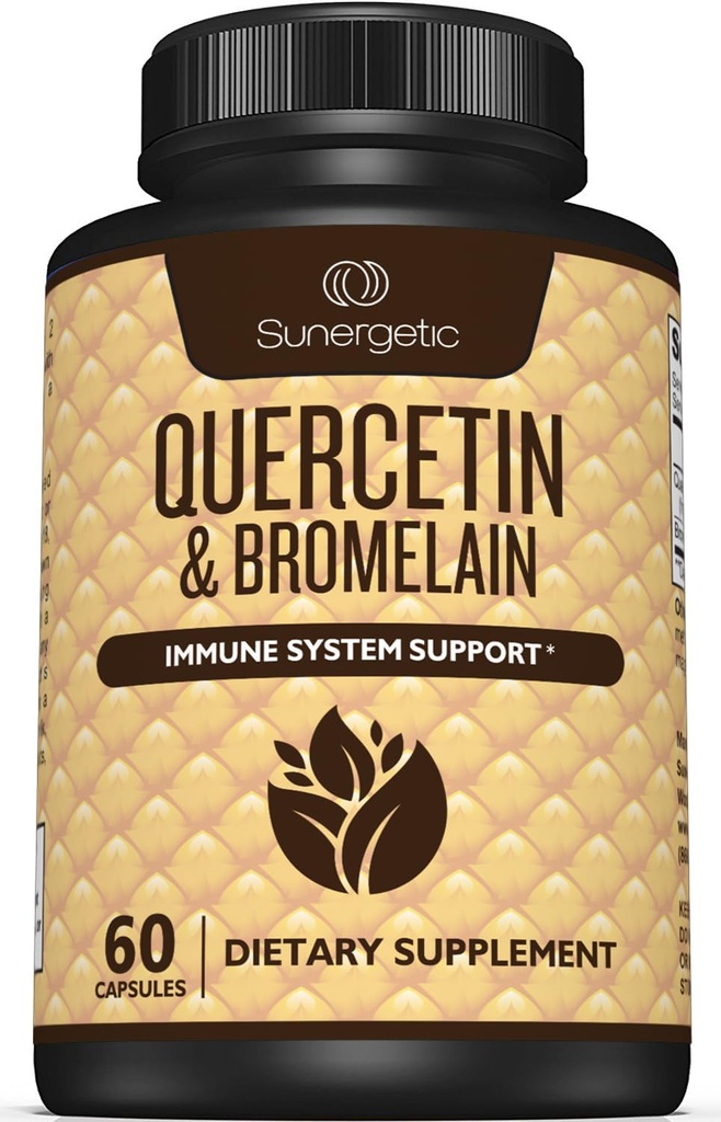 Sunergetic Premium Quercetin & Bromelain Supplement – Powerful Quercetin Bromelain Complex to Help Support Immune System & Seasonal Support – Quercetin 1000mg Por Serving – 60 cápsulas