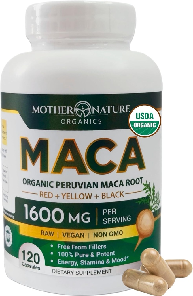 Madre Naturaleza Organic Maca Root Capsules – 1600mg, 120 Vegan Capsules – No GMO Peruano Amarillo, Rojo & Negro Maca para Hombres & Mujeres - Energía, Hormona, Cerebro & Peso Well-Being