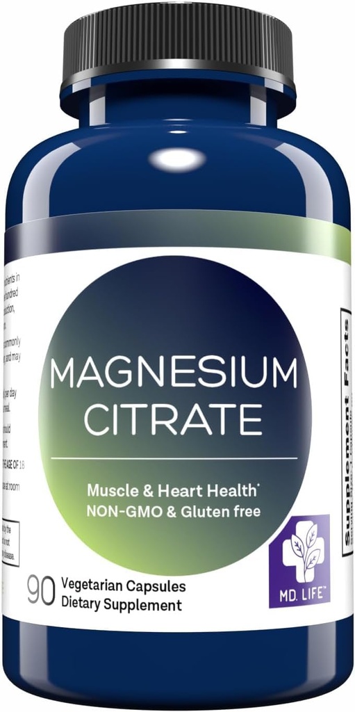 MD. Citrato de magnesio de vida 250 mg – 90 cápsulas – Suplemento de alto grado de absorción de magnesio – cápsulas fáciles de cambiar para el músculo, el nervio, el corazón, el sueño y el hueso