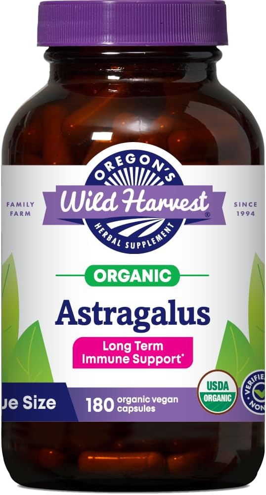 La cosecha salvaje de Oregon No GMO Certified Organic Astragalus Capsules Long Term Immune Support Herbal Supplements-180 Count
