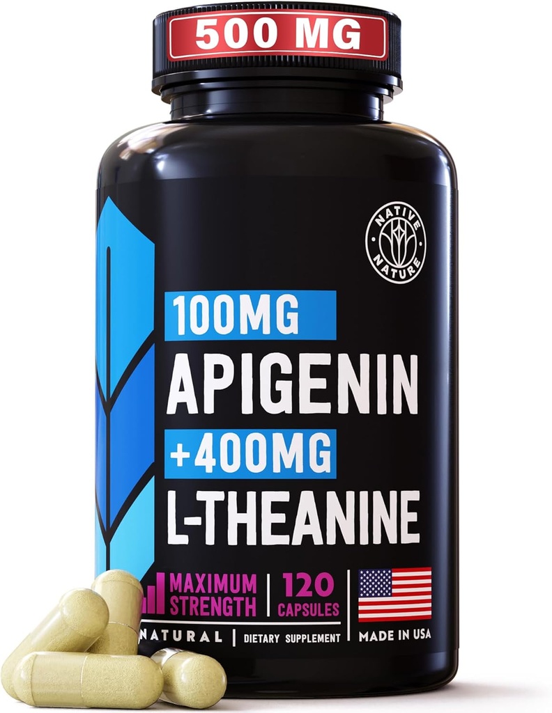 Apigenina con suplemento Theanine L - 500mg - Suplemento de apigenina para el sueño, relajación & mood - Potente bioflavonoide & Antioxidantes encontrado en Chamomile Tea - 120 gorros Vegan. Made in USA