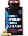 Apigenina con suplemento Theanine L - 500mg - Suplemento de apigenina para el sueño, relajación & mood - Potente bioflavonoide & Antioxidantes encontrado en Chamomile Tea - 120 gorros Vegan. Made in USA