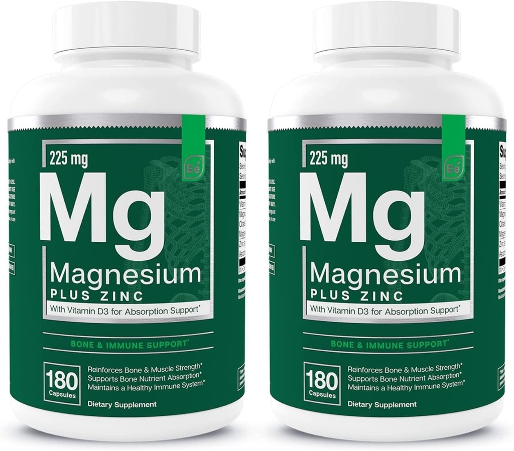 Elementos esenciales Magnesio & Zinc con vitamina D3 para sueño Inmune & Bone Support - Magnesium Glycinate, Malate, Citrate 225mg - Triple suplemento de magnesio para mujeres y hombres - 6 meses de suministro