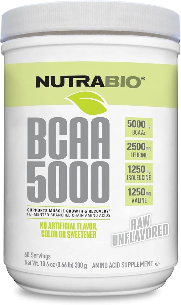 NutraBio BCAA 5000 Powder - Aminoácidos de cadena fermentada para el crecimiento muscular " recuperación - Sabores naturales, endulzantes y para colorear, Vegan, Gluten Free - Desenflavorado, 60 Servimientos