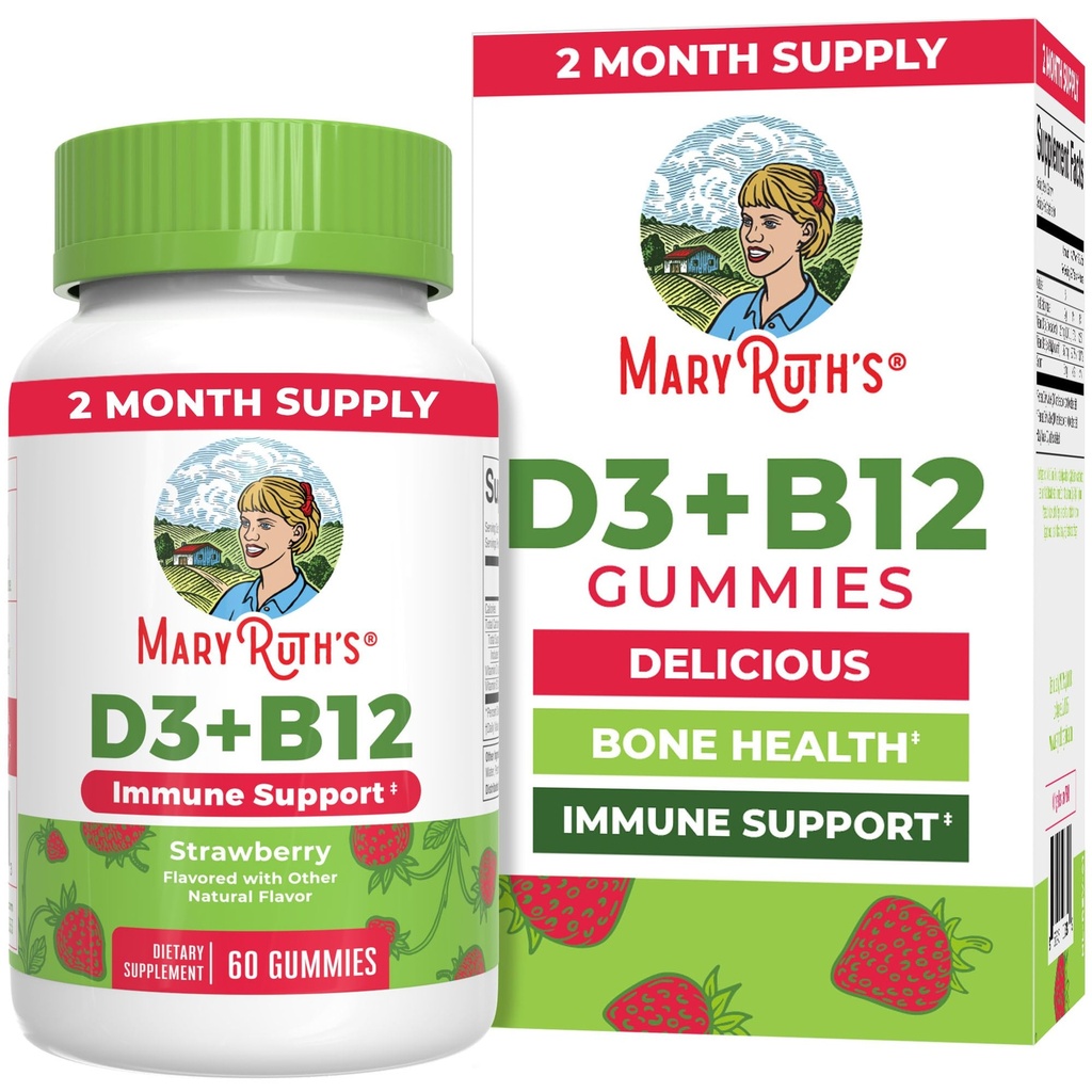 MaryRuth Organics Vegan Vitamina D3 + Vitamina B12 Gummies TENIDO 2 Mes de Suministro TENIDO Apoyo Bone Health TENIDO Apoyo Inmune Suplemento TENIDO Energy Supplements TEN Methyl B12 Vegan Non-GMO Gluten Free TEN 60 Servings