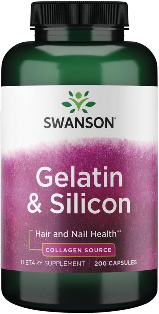 Swanson Gelatina y Silicio - Proteínas de Collagen Apoyo al cabello y uñas saludables - Ayuda a ofrecer minerales vitales para uñas fuertes y cabello grueso - 20 mg de silicona y 1,08 gramos de gelatina - (200 cápsulas)