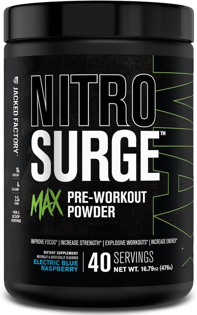 Fábrica Jacked Nitrosurge Max High Performance Pre Workout Powder - Pre Workout w / Ingredientes nootrópicos para el foco intenso, bombas, energía solar, resistencia - 40 servidumbres, frambuesa azul eléctrica