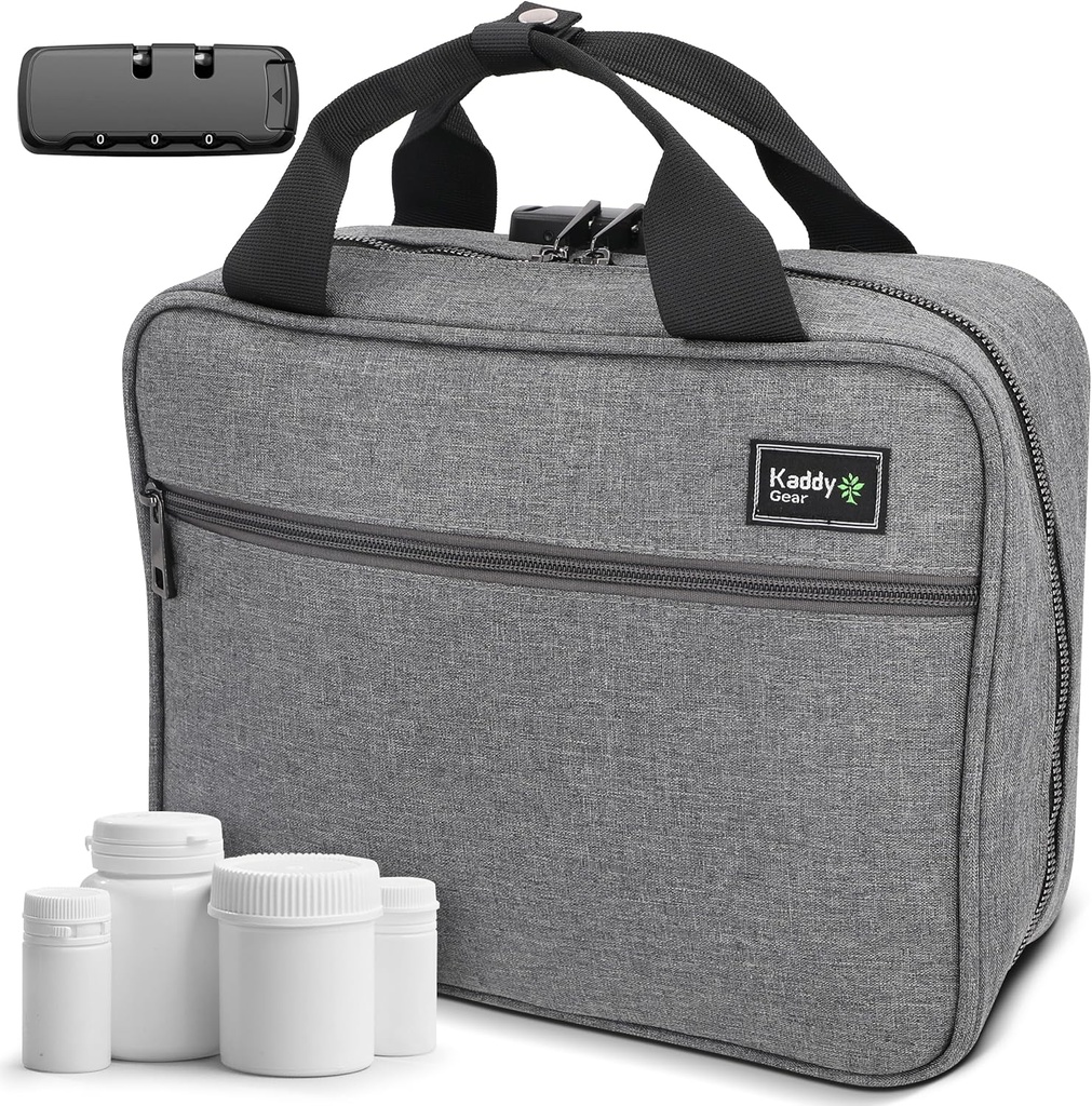 Bolsa de medicina grande Kaddy, Caja de Organizador de Píldoras segura, acolchada, caja para botellas de medicina o suplementos; almacenamiento; higiene; 3 cerradura de dígitos, gris