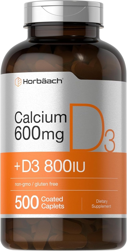 Suplemento de calcio de Horbäach con vitamina D3 TEN 600 mg ANTE 500 cápsulas cubiertas rígidas para mujeres y hombres vivieron sin gluten