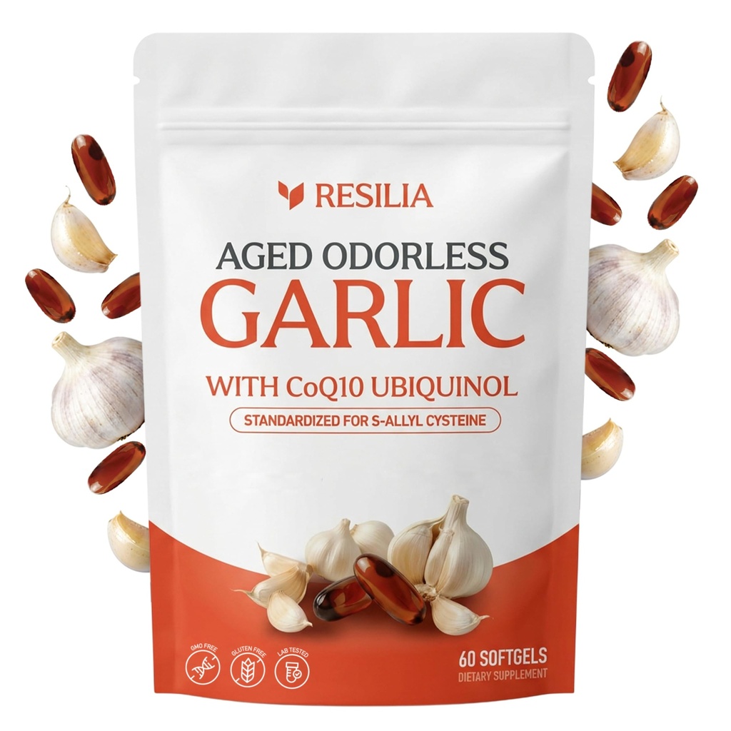 Resilia Garlic Extract 600mg Softgels (60 Count) – Odorless Aged Garlic Extract Supplement with CoQ10 Ubiquinol – 20-Month Matured, Standardized for S-Allyl Cysteine - Heart Health & Immune Support
