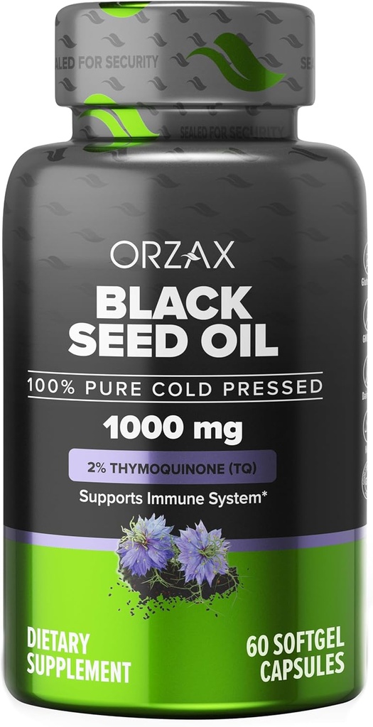 ORZAX Black Seed Oil Cold Pressed 100% Pure ← Non-GMO - Rico en Omega 3 6 9 " Timoquinone ← Negro Cumin Aceite de Nigella Sativa para soporte inmuno, cabello, piel, cara (1000 mg - 60 cápsulas de Softgel)
