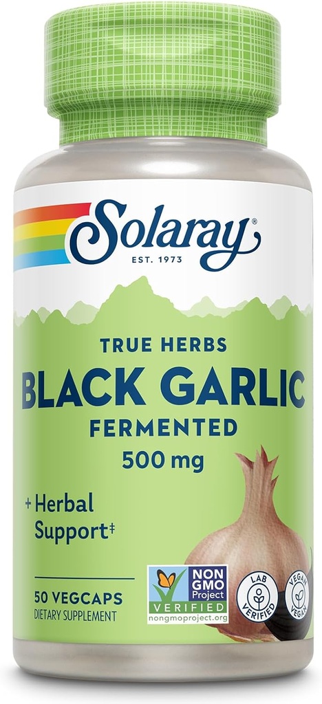 SOLARAY Ajo Negro 500 mg - Fermented for Easier Digestion and Mellow Aftertaste - Suplementos de ajo antioxidantes - No GMO, Vegan, Lab Verified - Garantía de 60 días - 50 Serviciones, 50 VegCaps