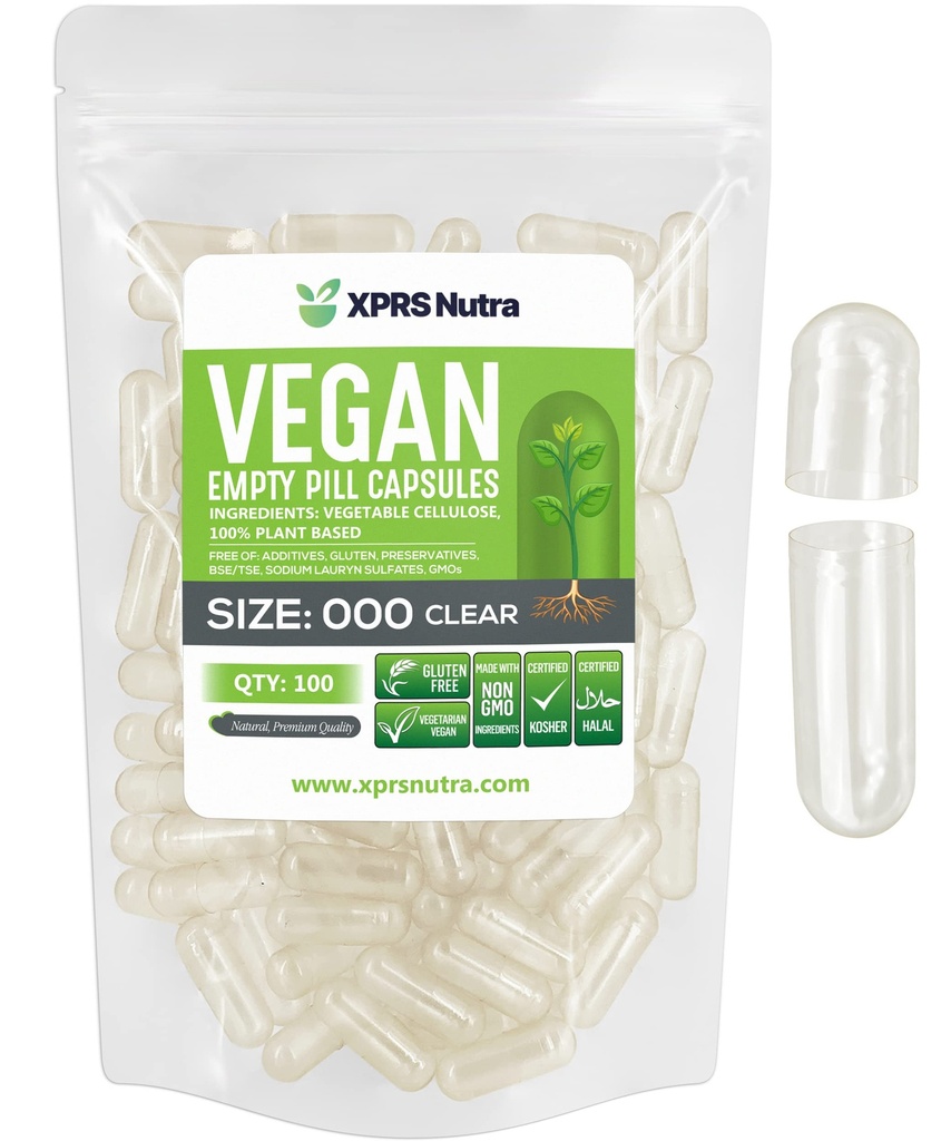 XPRS Nutra Vegan Size 000 Empty Capsules - 100 Cuentas Clear Empty Vegan Capsules - Vegetarian Pill - DIY Vegetable Capsule Filling - Veggie Caps Pills