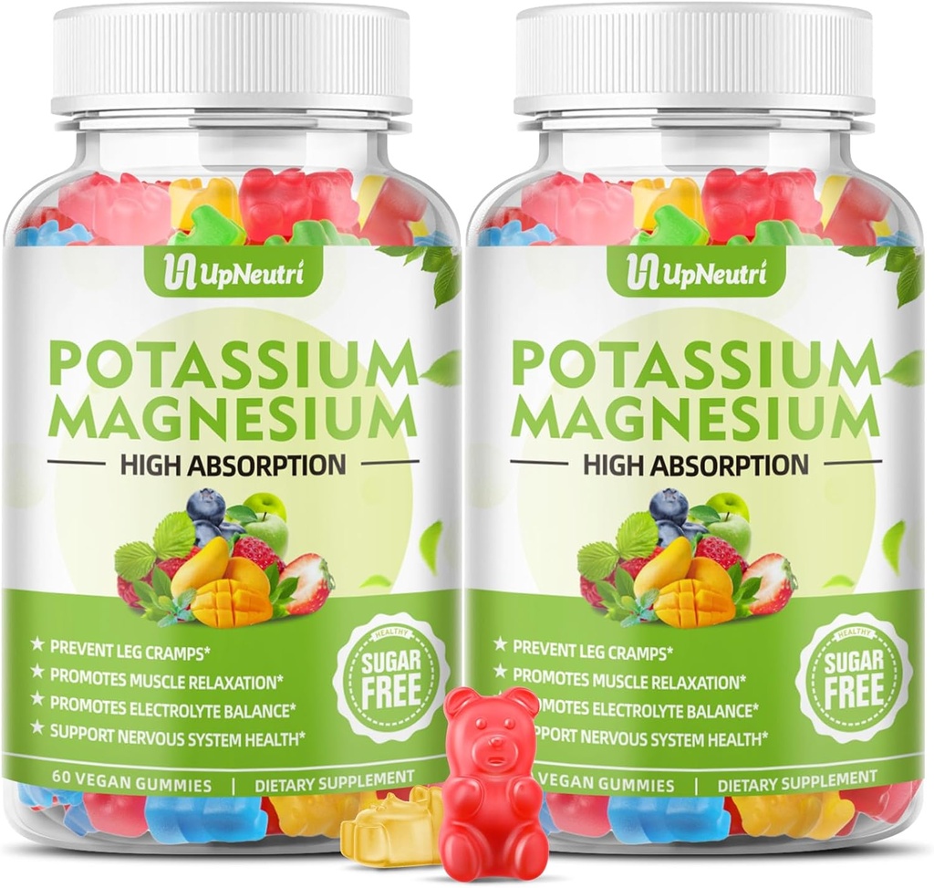 Gummies de magnesio de potasio para adultos Niños, Gummies de Potasio Libre de Azúcar Apoyo Leg Cramps & Muscle & Immune Health, Alta Absorción Magnesio Vegan Suplemento Gummies 5 Fruit Flavor 120 Cts