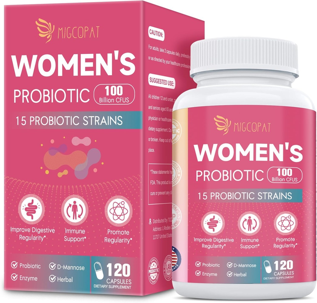 Probióticos para Mujeres, 100 millones de mujeres CFU Probiótico con Prebióticos, Enzimas Digestivos, D-Mannose & Extracto de Arándano para Apoyo Inmunitario, Salud Vaginal y orina, Equilibrio Digestivo - 120 cápsulas