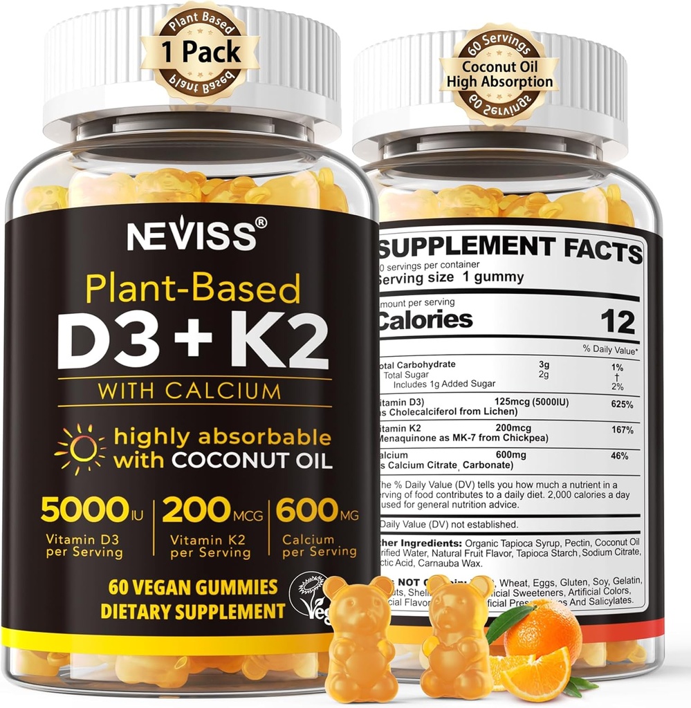 Vitamina D3 5000iu & K2( como MK7 ) 200mcg Gummies + 600mg Calcio, con aceite de coco para alta absorción, Maximum Strength Vitamin D3 K2 Suplemento - Soporte para huesos musculoso Immune, Vegan 60 Conde