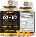 Vitamina D3 5000iu & K2( como MK7 ) 200mcg Gummies + 600mg Calcio, con aceite de coco para alta absorción, Maximum Strength Vitamin D3 K2 Suplemento - Soporte para huesos musculoso Immune, Vegan 60 Conde
