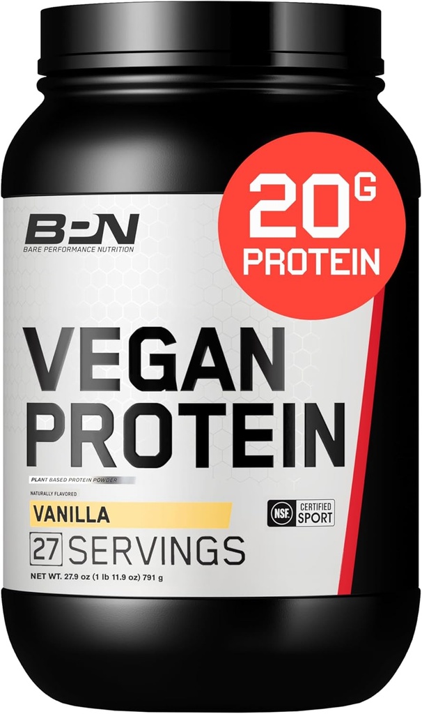 BARE PERFORMANCE NUTRITION Proteína vegana, Proteína basada en plantas, Proteína de guisantes, Proteína de sandía y proteína de calabaza, naturalmente endulzada y saborizada (Vanilla)