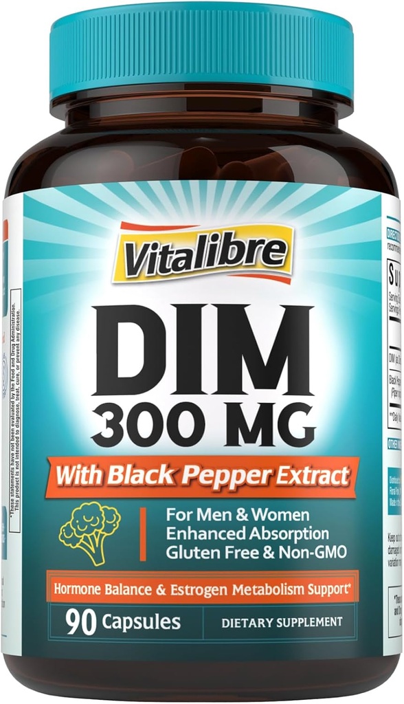 Suplemento DIM para Hombres, metabolismo estrógeno, equilibrio hormonal " Apoyo a la menopausia, DIM 300 mg con extracto de cobre negro, alta absorción, 90 cápsulas