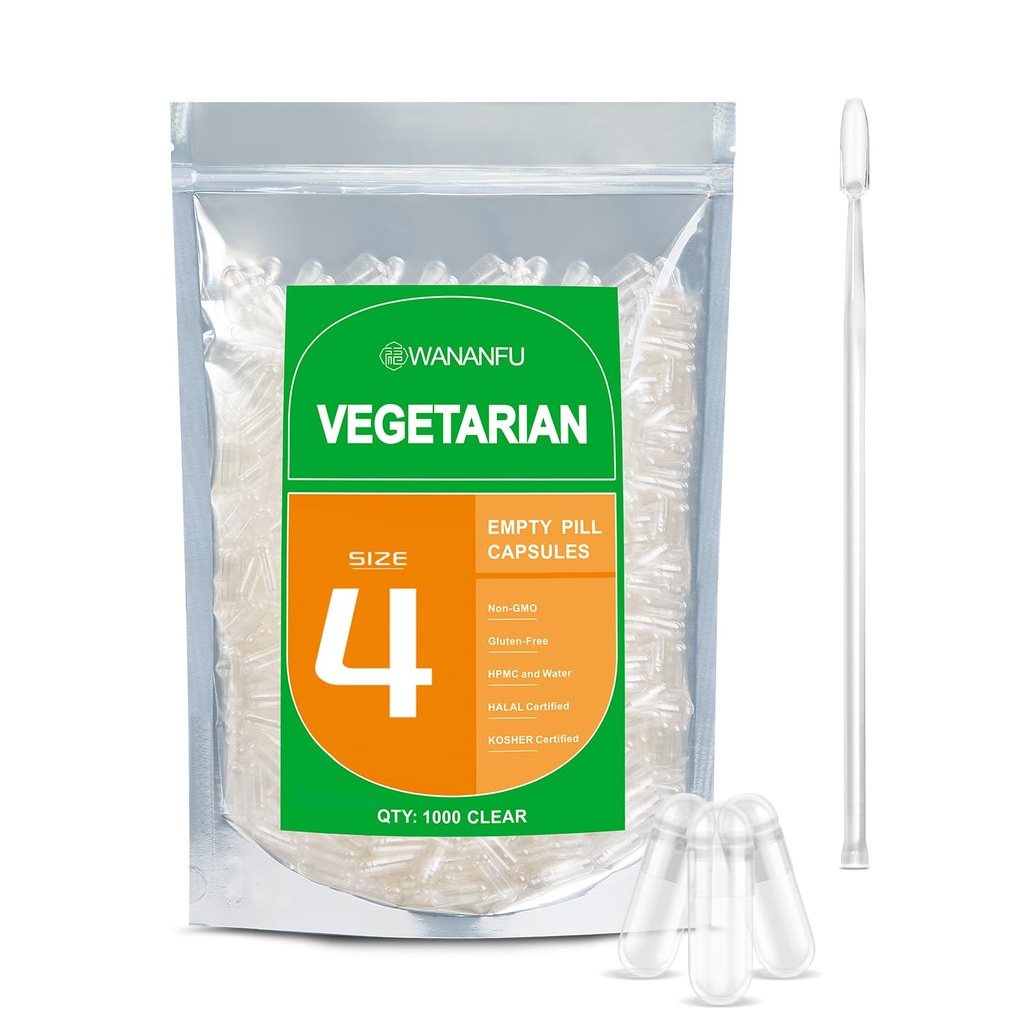 wananfu Size 4 Empty Capsules Vegetarian (500 Count) Bundle with 2 Micro Lab Spoons, Clear Fillable Veggie Pill Capsules Size 4 for Making Your Own Supplements