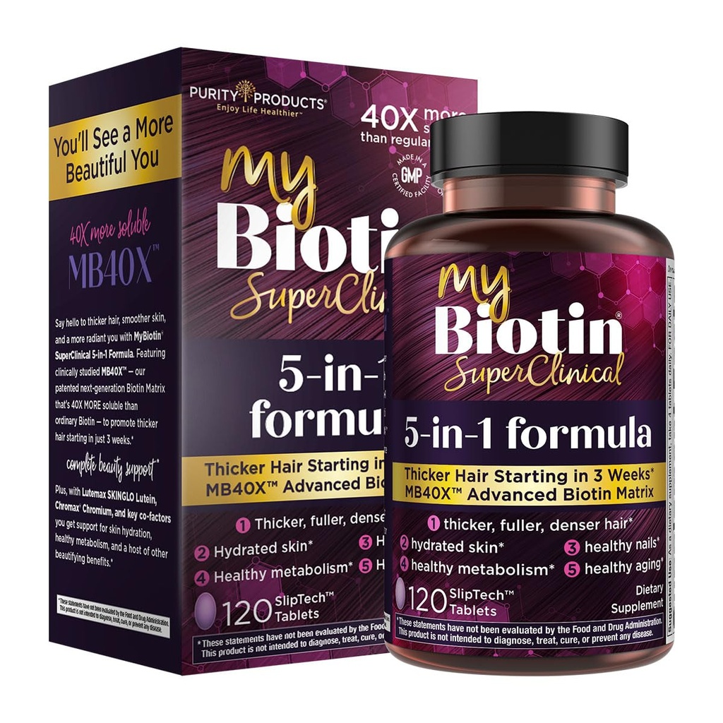 Purity Products MyBiotin SuperClinical New 5-in-1 Elite Multivitamin + MB40X Biotin Matrix Daily Multi - Thicker Hair Empezando en 3 semanas - 40X Más Soluble vs Ordinary Hair Skin Nails - 120 Tabs