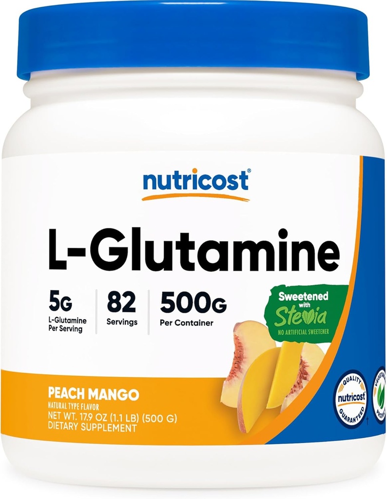 Nutricost L-Glutamine Powder endulzado con Stevia (500 gramos, Peach Mango) - Suplemento para Gut Support, 5 gramos de L-Glutamine Per Serving - Gluten Free, Non-GMO