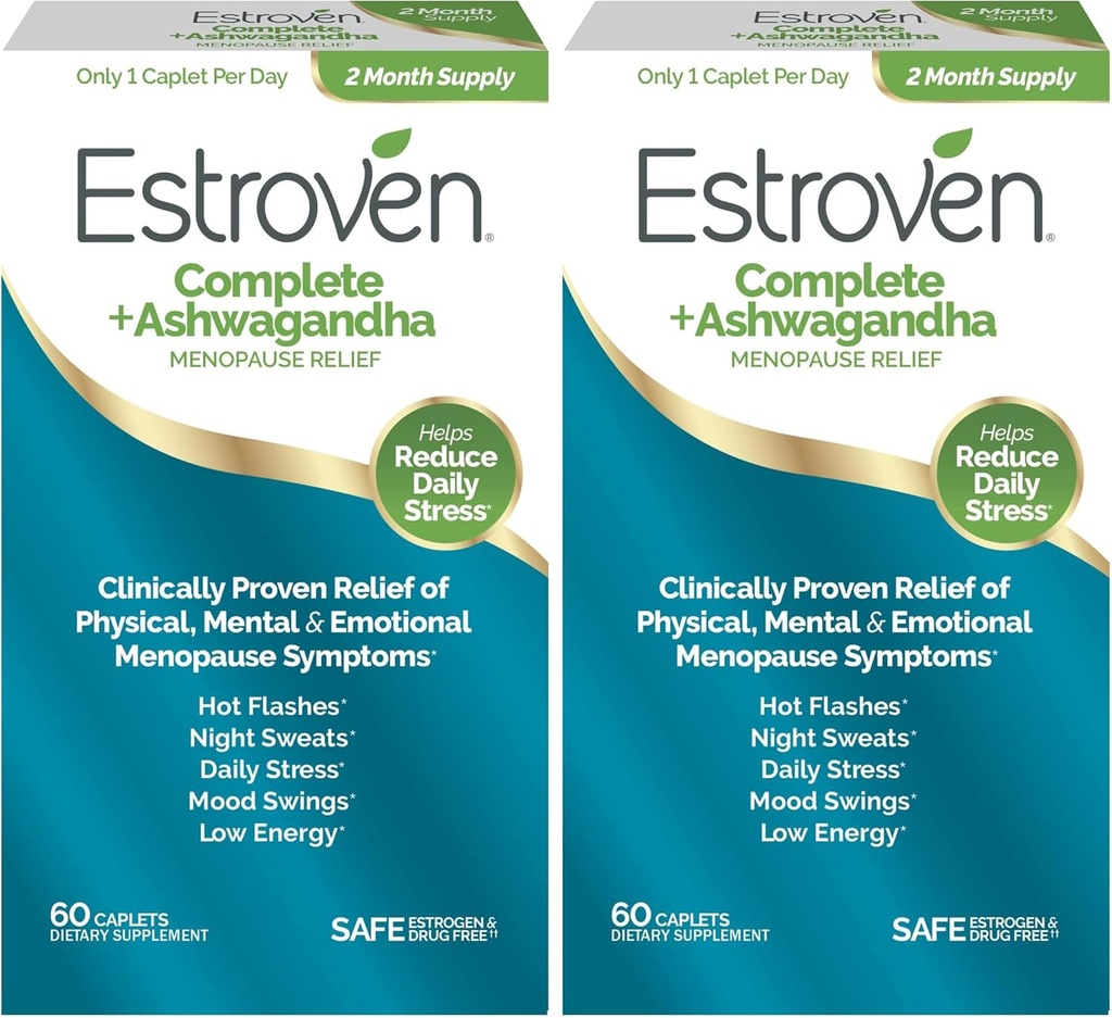 Estroven Complete + Ashwagandha Multi-síntoma Suplemento de la menopausia para las mujeres - Ingredientes provenientes clínicamente proporcionan alivio de la menopausia y sudaderas nocturnas + Hot Flash Relief* - 4 Month Supply (Pack of 2)