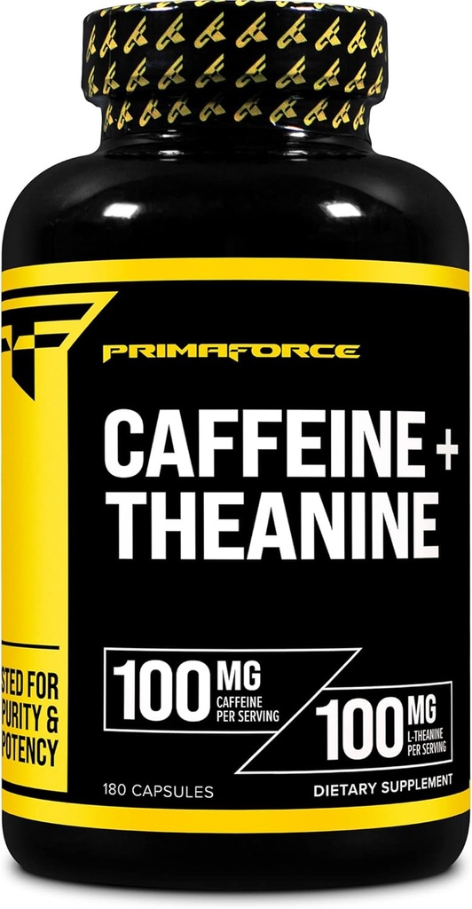 Caffeine de Primaforce con L-Theanine, 100 mg de cada, 180 cápsulas, 180 servidumbres - No GMO, Soy Gratis y Gluten Gratis