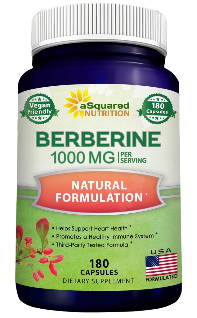 aSquared Nutrition Pure Berberine 1000mg Suplemento - 180 Veggie Capsules, Natural Berberine Hydrochloride HCL Plus, Max Strength 1000 mg (2X 500mg), Potent Berberine Vegan Extract