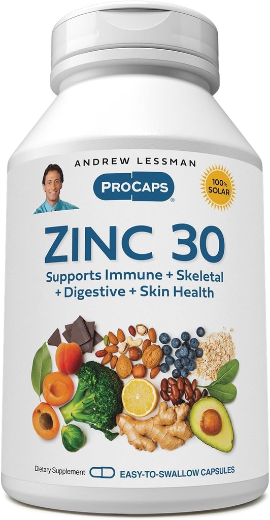 ANDREW LESSMAN Zinc 30mg - 360 cápsulas - Citrato de zinc altamente absorbible. Soporta Immune, Esqueleto, Digestivo y Skin Health. Pequeñas cápsulas fáciles de absorber. No hay aditivos