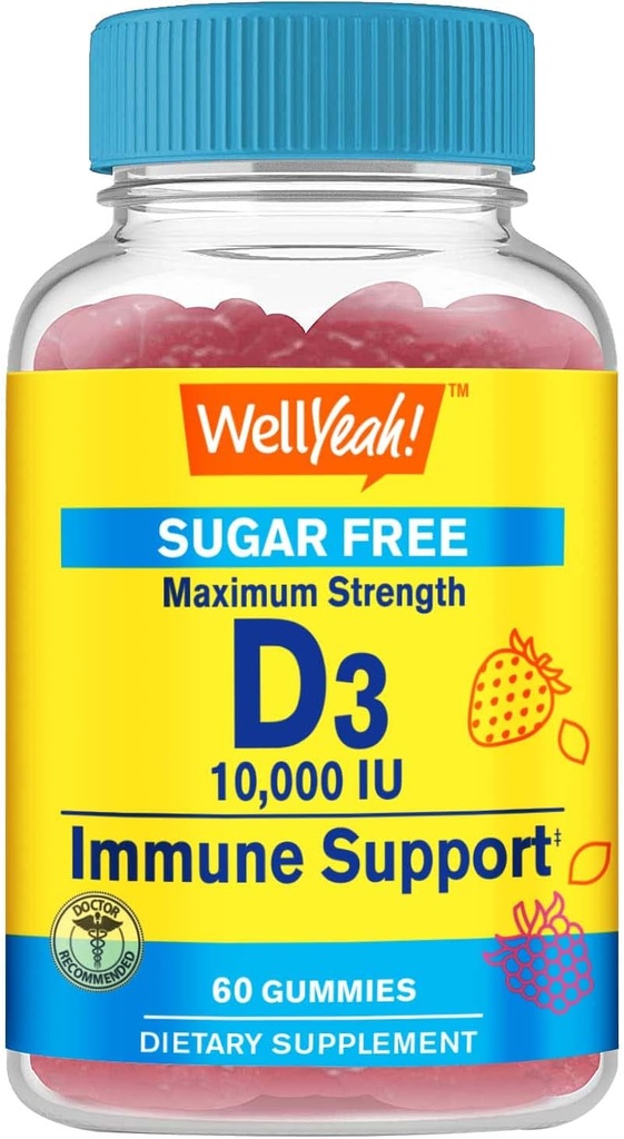 WellSí Sugar Free Vitamin D3 10000 IU (250mcg) Extra Strength Gummies - Immune Booster, Bone and Teeth Support - Non GMO, Gluten Free, Nut Free, Vegetarian - Natural Sourced Flavors - 60 Gummies (1)