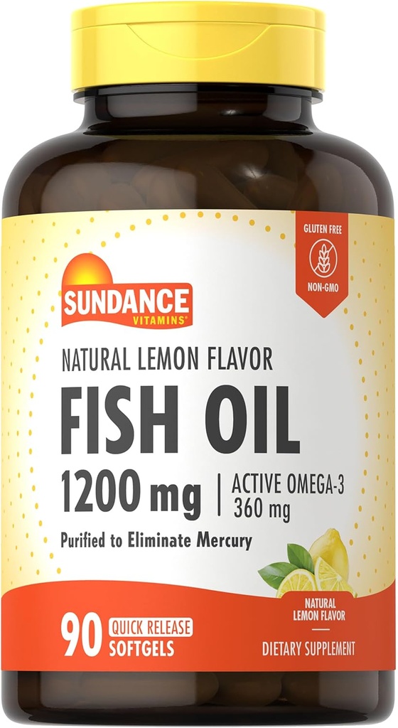 Sundance Fish Oil Softgels 1200mg Silencioso 90 Conde Silencio con Active Omega-3 Silencio Natural Lemon Flavor Silencio Purificado para Eliminar Mercurio Silencioso No GMO y Gluten Suplemento Libre