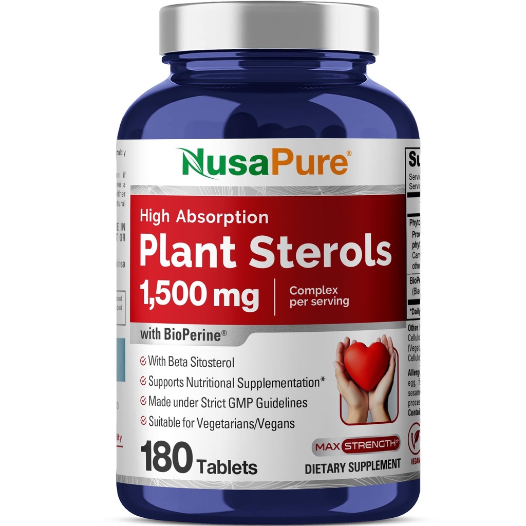 NusaPure Plant Sterols 1500 mg - 180 Tablets (No-GMO, Vegan) Beta Sitosterol, Bioperine