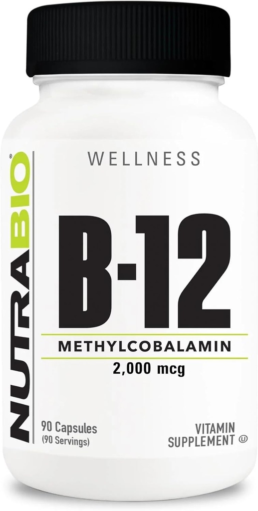 NutraBio Metil B-12 Suplemento de vitaminas, 2000mcg – Promueve la salud celular y el bienestar, 90 cápsulas vegetales