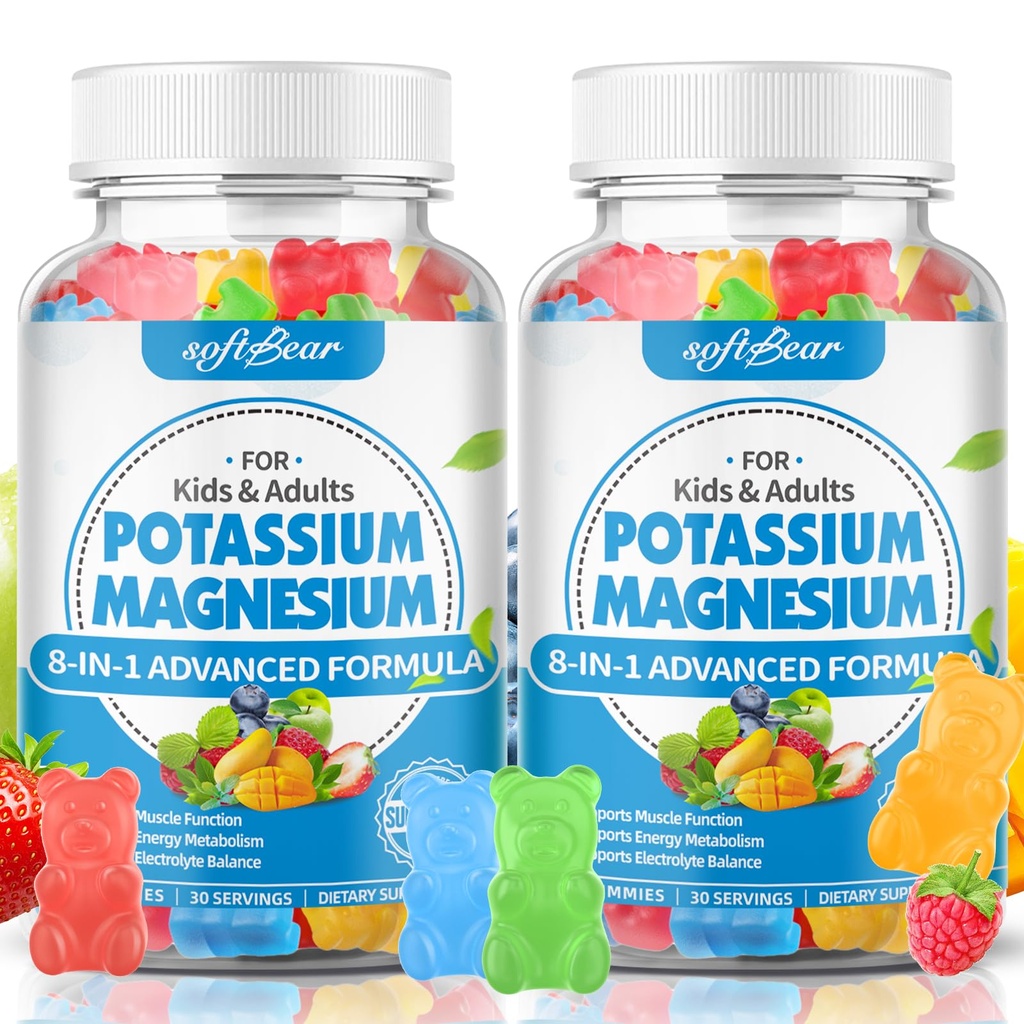 softbear Azúcar Gratuito Potasio Magnesio Gummies para Adultos Niños, Alta Absorción Potasio Suplemento Gummies Apoyo Leg Cramps & Muscle & Immune Health, Delicious Mixed Fruit Flavor 120 Conde