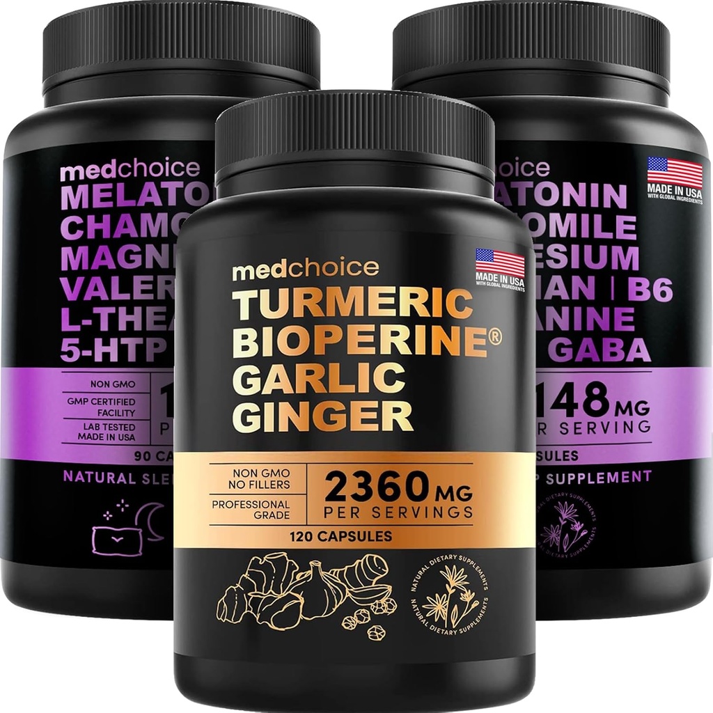 MEDCHOICE Turmeric " Ginger (120ct) y Sleep Melatonin (180ct) Suplemento Bundle - Wellness Duo for Joint, Digestion, Sleep, & Immune Support - Vegan, Non-GMO, Gluten-Free