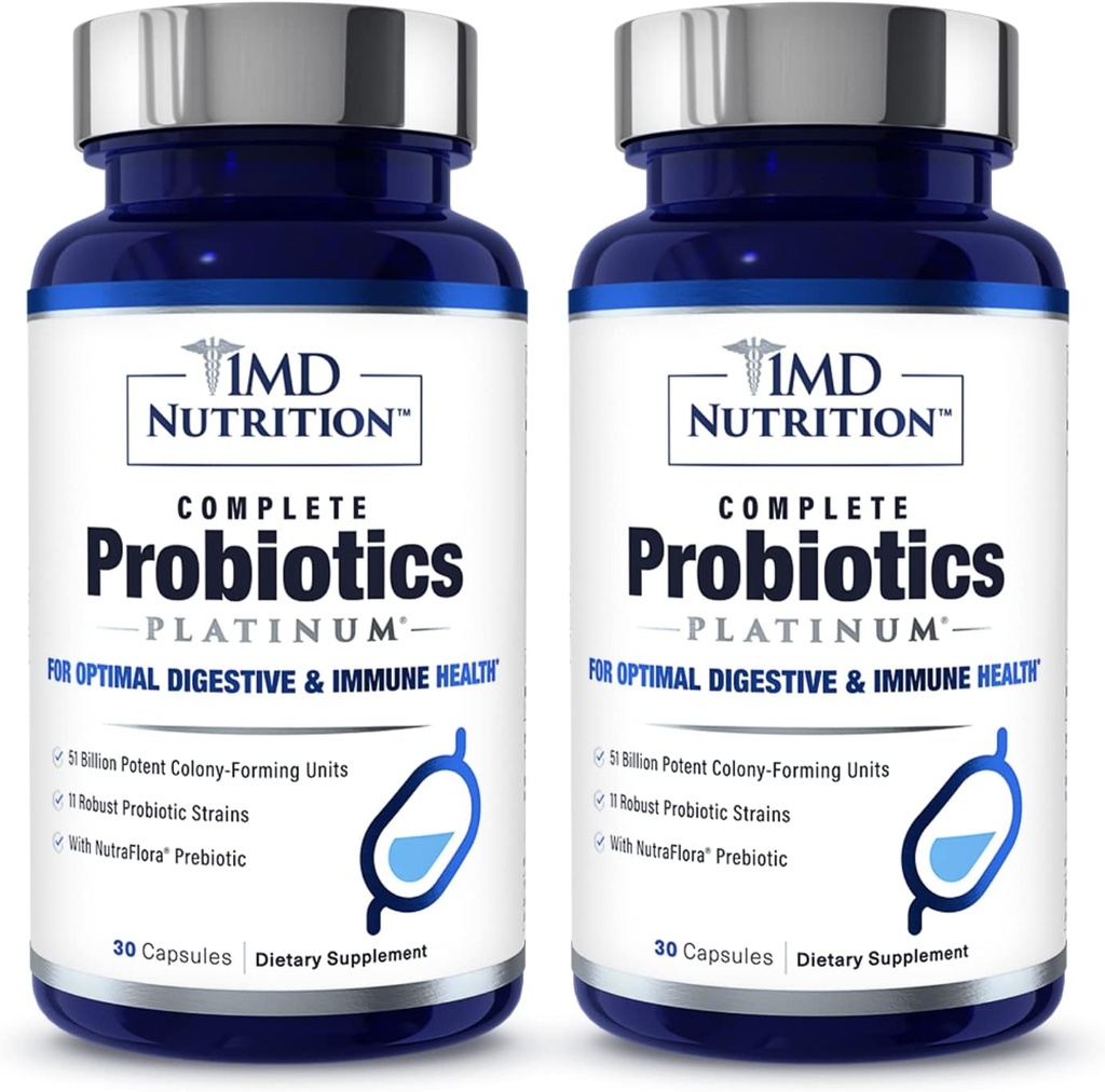 1MD Probióticos completos Platinum tención apoya la salud digestiva  sometida con prebióticos nutritivos, 51 Billion Live CFU, 11 Strains, Dairy-Free ← 30 Vegetable Capsules (2-Pack)