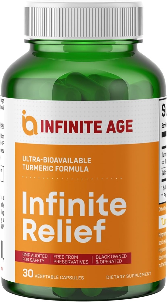 INFINITE AGE Suplemento de Apoyo Conjunto de Alivio Infinito, 30 Cuenta - Hecho en EE.UU., Vegan, Gluten Free, All-Natural - 250mg Extracto Turmérico Plus 240mg Salicin de Barco Willow Blanco